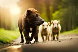 een bruin hond en twee puppy's wandelen naar beneden een weg. ai-gegenereerd foto