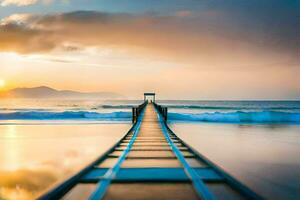 een lang houten pier Leidt naar de oceaan Bij zonsondergang. ai-gegenereerd foto