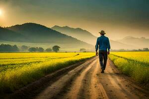 Mens wandelen Aan de weg in de veld. ai-gegenereerd foto