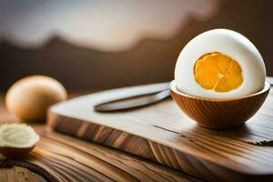 een ei in een kom met een plak van oranje. ai-gegenereerd foto