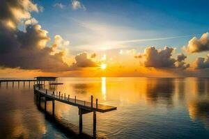 de zon stijgt over- de water en pier. ai-gegenereerd foto