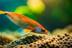 een vis zwemmen in een aquarium met sommige koralen. ai-gegenereerd foto