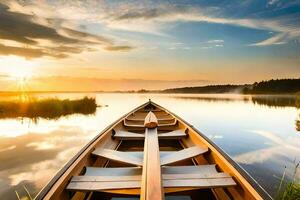 de boot is Aan de water Bij zonsondergang. ai-gegenereerd foto