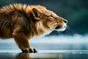 een leeuw staand Aan de rand van een meer. ai-gegenereerd foto