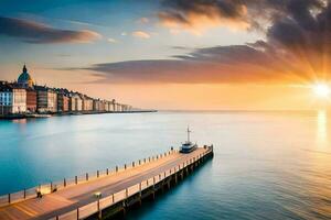 de zon stijgt over- een pier in Kopenhagen, Denemarken. ai-gegenereerd foto