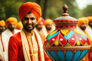 een Mens in een tulband Holding een groot pot. ai-gegenereerd foto