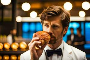 een Mens in een smoking is aan het eten een croissant. ai-gegenereerd foto