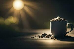 een kop van koffie Aan een houten tafel met een zon schijnend in de achtergrond. ai-gegenereerd foto