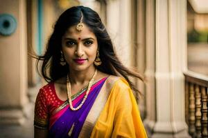 een mooi Indisch vrouw in een kleurrijk sari. ai-gegenereerd foto