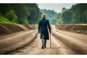 een Mens in een blauw pak en hoed wandelen naar beneden een aarde weg. ai-gegenereerd foto