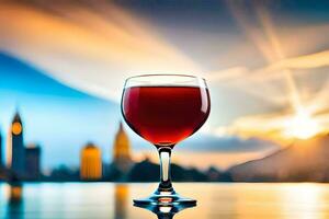 een glas van rood wijn Aan een tafel in voorkant van een stad horizon. ai-gegenereerd foto