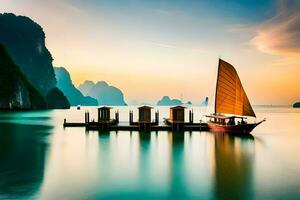 een boot is aangemeerd in de water Bij zonsondergang. ai-gegenereerd foto