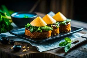 drie klein cakes met kaas en groenten Aan een zwart bord. ai-gegenereerd foto