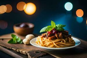 spaghetti met vlees en champignons Aan een houten bord. ai-gegenereerd foto