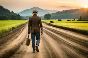 een Mens in een hoed en pak wandelen naar beneden een aarde weg. ai-gegenereerd foto