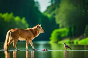 een leeuw en een vogel staand Aan de rand van een rivier. ai-gegenereerd foto