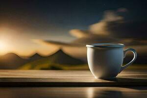 een kop van koffie Aan een tafel in voorkant van een berg. ai-gegenereerd foto