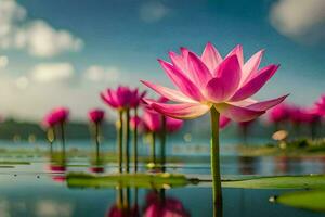 roze lotus bloemen in de water met een blauw lucht. ai-gegenereerd foto