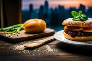 een Hamburger met kaas en groenten Aan een bord. ai-gegenereerd foto