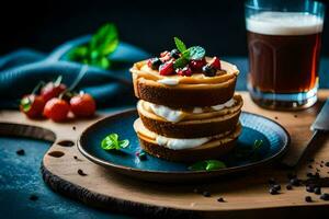 een stack van cakes met room en bessen Aan een bord. ai-gegenereerd foto