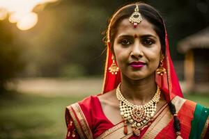 een vrouw in traditioneel Indisch kleding. ai-gegenereerd foto