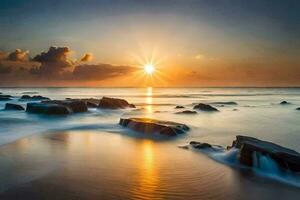 de zon stijgt over- de oceaan en rotsen Aan de strand. ai-gegenereerd foto