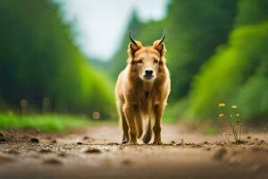 een hond met hoorns wandelen Aan een aarde weg. ai-gegenereerd foto