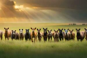 een kudde van paarden rennen in de gras. ai-gegenereerd foto