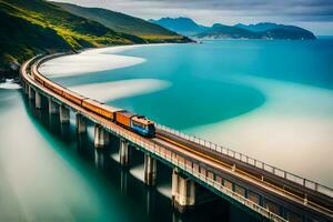 een trein op reis over- een brug in de oceaan. ai-gegenereerd foto