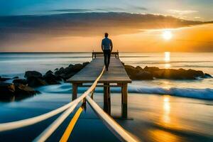 een Mens staand Aan een pier Bij zonsondergang. ai-gegenereerd foto