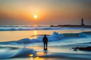 een Mens staand in de water Bij zonsondergang. ai-gegenereerd foto