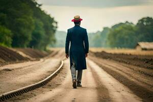 een Mens in een pak en hoed wandelingen naar beneden een aarde weg. ai-gegenereerd foto