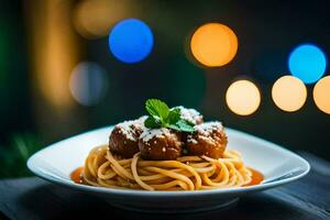 spaghetti met gehaktballen en tomaat saus Aan een bord. ai-gegenereerd foto