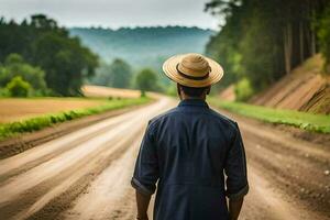 een Mens in een hoed wandelingen naar beneden een aarde weg. ai-gegenereerd foto