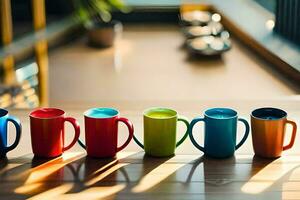 kleurrijk koffie cups bekleed omhoog Aan een tafel. ai-gegenereerd foto