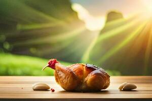 een kip is zittend Aan een tafel met een zon schijnend in de achtergrond. ai-gegenereerd foto