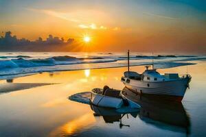 boten Aan de strand Bij zonsondergang. ai-gegenereerd foto