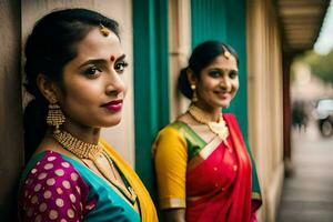 twee Dames in kleurrijk sari's staand De volgende naar elk ander. ai-gegenereerd foto