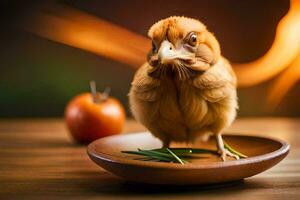 een klein kip is zittend Aan een bord. ai-gegenereerd foto