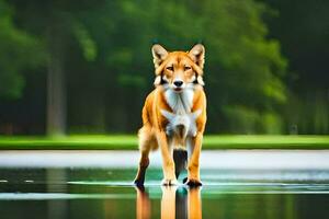 een rood hond staand in de water. ai-gegenereerd foto