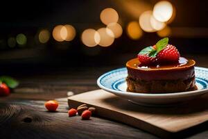 een toetje met aardbeien en chocola Aan een houten tafel. ai-gegenereerd foto