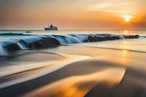 een boot is het zeilen Aan de oceaan Bij zonsondergang. ai-gegenereerd foto