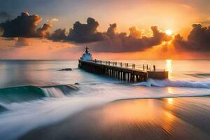 een lang blootstelling fotograaf van een pier Bij zonsondergang. ai-gegenereerd foto