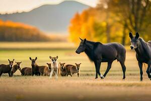 een kudde van paarden en hert in een veld. ai-gegenereerd foto