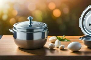 een roestvrij staal pot en pan Aan een tafel. ai-gegenereerd foto