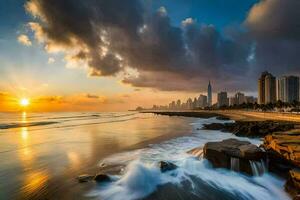 de zon stijgt over- de stad horizon in dubai. ai-gegenereerd foto