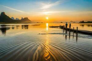 de zon stijgt over- de li rivier- in guilin, China. ai-gegenereerd foto