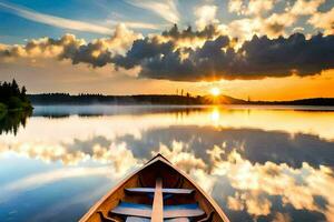 een kano is drijvend Aan een kalmte meer Bij zonsondergang. ai-gegenereerd foto