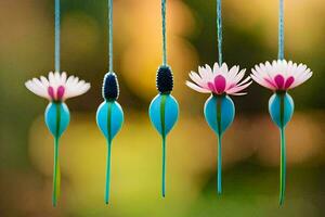 vier kleurrijk bloemen hangende van snaren. ai-gegenereerd foto