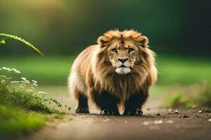 een leeuw wandelen naar beneden een weg in de midden- van een veld. ai-gegenereerd foto